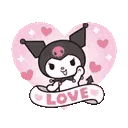 Kuromi holding a banner that says LOVE surrounded by pink hearts.