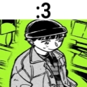 Anime character wearing a beanie with a smug :3 expression against a bright green background.