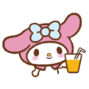 My Melody the rabbit holding a glass of orange juice with a smile.