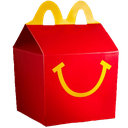 McDonald's Happy Meal box with a yellow smiling face on a red background.