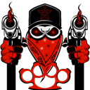 A skull wearing a bandana and cap holding two pistols with brass knuckles below, all in red and black.