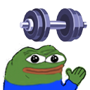 Pepe the Frog looking at a dumbbell floating above his head.