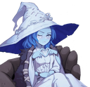 Ranni the Witch with blue skin and a large hat forming a heart shape with her hands.