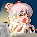 A chibi anime girl with pink hair screaming in shock while looking at a computer monitor.