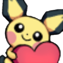 Pichu holding a pink heart against its chest with a happy expression.