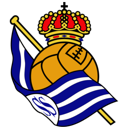 Real Sociedad football club crest featuring a golden ball, a crown, and blue and white striped flag.
