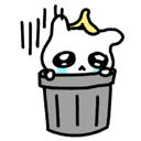 A small white creature with a banana peel on its head crying inside a grey trash can.