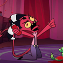 Blitzo from Helluva Boss kneeling with wide, panicked eyes while holding a phone to his ear.