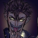 Man with glowing yellow eyes and sharp teeth pulling his mouth wide into a menacing grin.