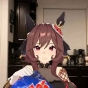 Anime girl with brown hair and cat-like ears smiling while holding a blue bag of chips.