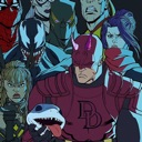 Daredevil stands in the foreground with a group of comic book characters behind him in a dark, stylized art piece.