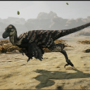A feathered raptor running across a desert landscape.