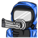 Character in a blue hazmat suit pointing a handgun directly at the viewer.