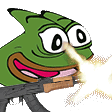 Pepega character firing an assault rifle with muzzle flashes.