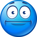 Blue spherical face with wide eyes and a thin, tight-lipped smile expressing awkwardness.