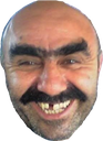 A man with a thick mustache and bushy eyebrows gives a wide, gap-toothed, mischievous grin.