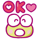 Keroppi the frog with a happy expression and the text OK with hearts above his head.