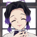 Shinobu Kocho with black and purple hair smiling with her eyes closed.