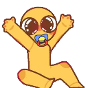 A cute yellow baby with a pacifier reaching upward with open arms and wide, pleading eyes.