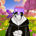 Sasuke Uchiha wearing a purple diamond helmet in a Minecraft landscape.