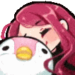 Girl with long pink hair hugging a cute penguin tightly.