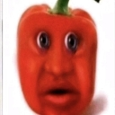 A red bell pepper with a human face looking shocked and confused.