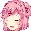 Natsuki from Doki Doki Literature Club with pink hair and a wide, closed-eye smile.