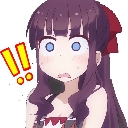 Anime girl with purple hair looking shocked with wide eyes and an exclamation mark icon next to her head.