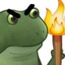 A grumpy green frog holding a flaming torch with an intense, suspicious expression.