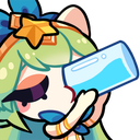 Anime character with green hair drinking from a blue glass of water.