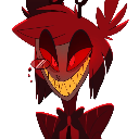 Alastor from Hazbin Hotel with a wide, sharp-toothed grin and red eyes.