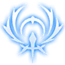A glowing white crest with wing-like flourishes centered on a vibrant blue background.