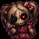 A voodoo doll with a button eye and glowing pink eye holding a bloody knife.