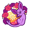 Espeon sits gracefully inside a colorful floral wreath with a bright sun icon in the background.