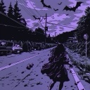 A girl walks down a dark, purple-tinted road at night while bats fly overhead.