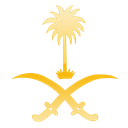 Saudi Arabia emblem featuring a palm tree above two crossed swords in gold on a black background.