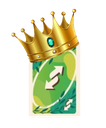 A green reverse playing card wearing a golden crown.