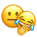 A neutral, unimpressed yellow face emoji positioned behind a laughing yellow emoji with tears of joy.