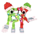 Two characters wearing Santa hats are tangled together in colorful Christmas lights with a happy expression.