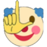 A clown face making an L-shaped hand gesture on its forehead.