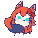 A cute chibi fox girl with orange hair and blue eyes rhythmically punching a dark object.