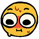 Yellow face with wide eyes, a red blush across the cheeks, and a bead of sweat dripping down, looking nervous.