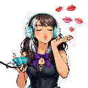 Anime girl with headphones blowing a kiss with floating heart and lip icons.
