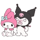 Kuromi looks flustered and angry while standing next to a calm, sitting My Melody.