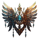Ornate golden crest with feathered wings and a glowing blue gemstone in the center.