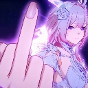 Anime girl with purple hair and glowing aura holding up a middle finger.