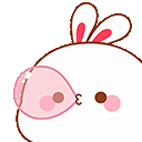 A cute white bunny blowing a large pink bubblegum bubble that pops and covers its face.