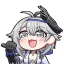 Chibi anime girl with gray hair laughing with a wide, happy expression.