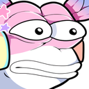 Pepe the Frog with pink skin and wide, shocked eyes surrounded by small stars.