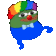 Pepe the Frog wearing a rainbow clown wig and blue outfit dancing.